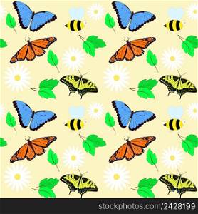 Spring seamless pattern vector. Background with butterflies, flowers, leaves and bees. Bright colorful template. Model for packaging, fabric and design
