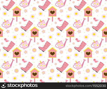 Spring seamless pattern with birds and starling house. Birdhouse endless background. Gardening texture, wallpaper. Cute kids backdrop. Vector illustration. Spring seamless pattern with birds and starling house. Birdhouse endless background. Gardening texture, wallpaper. Cute kids backdrop. Vector illustration.