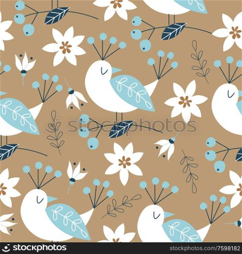 Spring seamless pattern with birds. Vector stylized illustration on a golden background. For printing fabric, paper.. Spring seamless pattern. Vector cute illustration. For printing on fabric or paper. Patterns for clothing, Wallpaper, wrapping paper, tablecloths.