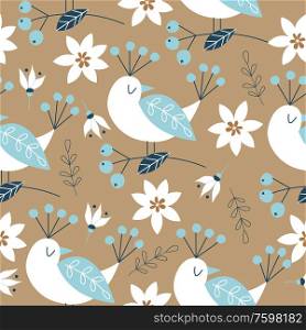 Spring seamless pattern with birds. Vector stylized illustration on a golden background. For printing fabric, paper.. Spring seamless pattern. Vector cute illustration. For printing on fabric or paper. Patterns for clothing, Wallpaper, wrapping paper, tablecloths.