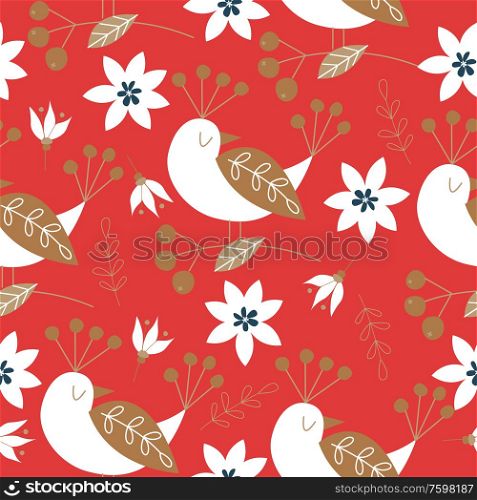 Spring seamless pattern with birds. Vector stylized illustration on a red background. For printing fabric, paper.. Spring seamless pattern. Vector cute illustration. For printing on fabric or paper. Patterns for clothing, Wallpaper, wrapping paper, tablecloths.