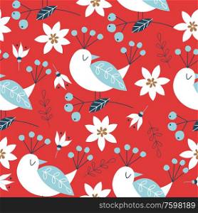 Spring seamless pattern with birds. Vector stylized illustration on a red background. For printing fabric, paper.. Spring seamless pattern. Vector cute illustration. For printing on fabric or paper. Patterns for clothing, Wallpaper, wrapping paper, tablecloths.