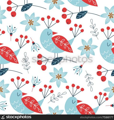 Spring seamless pattern with birds. Vector stylized illustration on a white background. For printing fabric, paper.. Spring seamless pattern. Vector cute illustration. For printing on fabric or paper. Patterns for clothing, Wallpaper, wrapping paper, tablecloths.