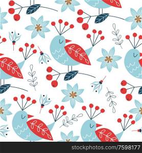 Spring seamless pattern with birds. Vector stylized illustration on a white background. For printing fabric, paper.. Spring seamless pattern. Vector cute illustration. For printing on fabric or paper. Patterns for clothing, Wallpaper, wrapping paper, tablecloths.