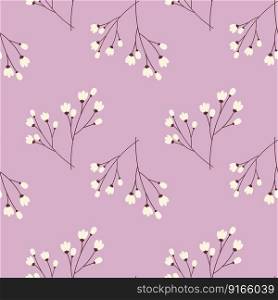 Spring Seamless pattern with cherry branches in trendy lilac shades. Hello spring. Happy Easter. Hello Summertime. Design for wrapping, web, wallpaper, greeting or invitation cards, price tag or label