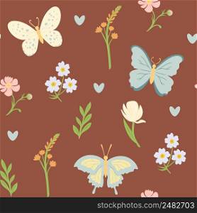 Spring seamless pattern with flowers and butterflies, vector illustration
