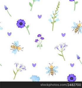 Spring seamless pattern with flowers, leaves and bees, vector illustration
