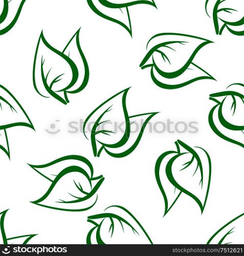 Spring seamless pattern with fragile green leaves randomly scattered on white background. For wallpaper or fabric design. Spring green leaves seamless pattern