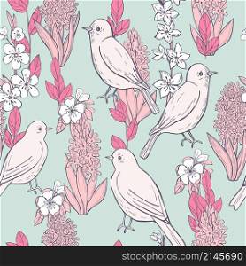 Spring seamless pattern with hand drawn birds and flowers.Vector sketch illustration.. Hand drawn spring flowers. Vector sketch illustration.