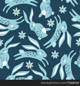 Spring seamless pattern with rabbits. Easter pattern. Vector stylized illustration on a dark blue background. For printing fabric, paper.. Spring seamless pattern. Vector cute illustration. For printing on fabric or paper. Patterns for clothing, Wallpaper, wrapping paper, tablecloths.