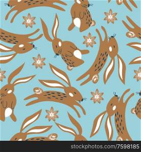 Spring seamless pattern with rabbits. Easter pattern. Vector stylized illustration on a light blue background. For printing fabric, paper.. Spring seamless pattern. Vector cute illustration. For printing on fabric or paper. Patterns for clothing, Wallpaper, wrapping paper, tablecloths.