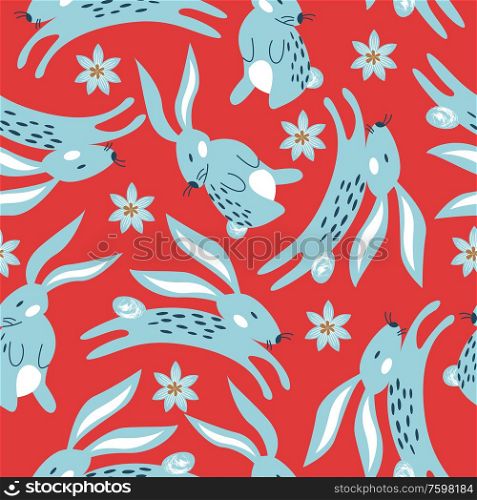 Spring seamless pattern with rabbits. Easter pattern. Vector stylized illustration on a red background. For printing fabric, paper.. Spring seamless pattern. Vector cute illustration. For printing on fabric or paper. Patterns for clothing, Wallpaper, wrapping paper, tablecloths.