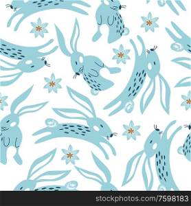 Spring seamless pattern with rabbits. Easter pattern. Vector stylized illustration on a white background. For printing fabric, paper.. Spring seamless pattern. Vector cute illustration. For printing on fabric or paper. Patterns for clothing, Wallpaper, wrapping paper, tablecloths.