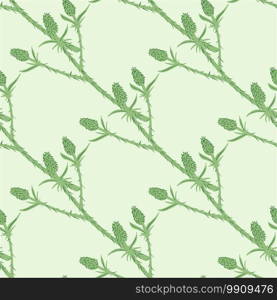 Spring seamless pattern with thorn twigs silhouettes. Green branches on light pastel background. Botanic artwork. Designed for wallpaper, textile, wrapping paper, fabric print. Vector illustration.. Spring seamless pattern with thorn twigs silhouettes. Green branches on light pastel background. Botanic artwork.