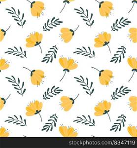 Spring seamless pattern with yellow flowers and leaves. Suitable for printing on textiles, wrapping paper, etc. Vector illustration on a white background.. Spring seamless pattern with yellow flowers and leaves. Suitable for printing on textiles, wrapping paper, etc.