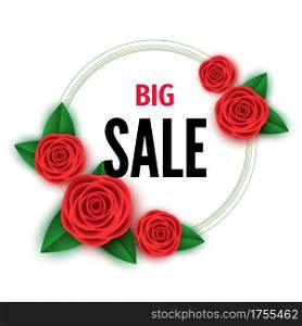Spring season big sale banner with flowers. Red rose. Clearance offer. Floral colorful bright background. Vector design elements for promotion offer, fashion, poster, voucher, greeting card.