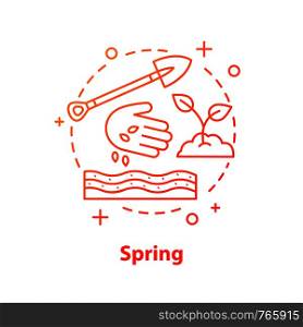 Spring season concept icon. Garden work idea thin line illustration. Sowing, seedling care, digging. Vector isolated outline drawing. Spring season concept icon