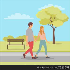 Spring season fun vector, people on date walking in park with greenery and foliage of trees, bench and lawns. Boyfriend and girlfriend holding hands. Man and Woman in Love, Teenagers in Park Spring