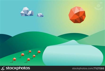 Spring season Low poly background. Mountain river and cloud and flowers in component. Nature and Landscape concept. Abstract and Background concept. Environment and tropical climate theme