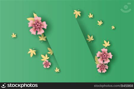 Spring season of Fresh green leaves and flower border.Abstract Spring sale banner with frame concept,Paper cut and craft minimal pastel background,template place for your text.vector.illustration