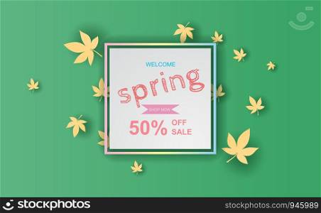 Spring season of Fresh green leaves border.Abstract Spring sale offer banner with frame concept,Paper cut and craft minimal pastel background,template scene place for your text.vector.illustration