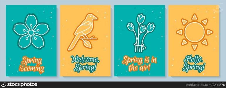 Spring season postcard with linear glyph icon set. Seasonal rebirth. Greeting card with decorative vector design. Simple style poster with creative lineart illustration. Flyer with holiday wish . Spring season postcard with linear glyph icon set