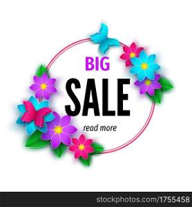 Spring season sale banner with flowers. Clearance offer. Floral colorful bright background. Vector design elements for promotion offer, fashion, poster, voucher, greeting card.