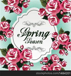 Spring season with red flowers roses and paper. vector