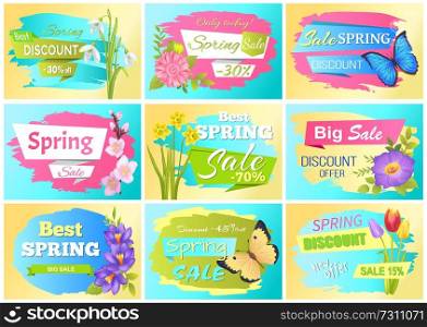 Spring set of labels discounts advertisement stickers colorful bouquets of tulips, snowdrops, crocus and sakura branches promo emblems color vector. Spring Set Labels Discounts Advertisement Stickers