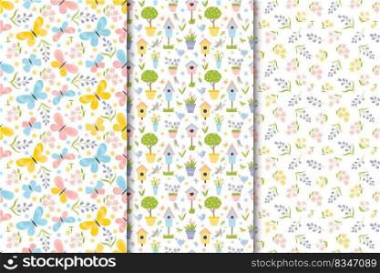 Spring set of seamless patterns in flat hand drawn cartoon style. Vector children’s colorful illustration of a bird, potted plants, flowers, birdhouses, butterflies. Spring or summer colorful background for fabric, cover, wrapping paper, etc.. Spring set of seamless patterns in flat hand drawn cartoon style. Vector children’s colorful illustration of a bird, potted plants, flowers, birdhouses, butterflies.