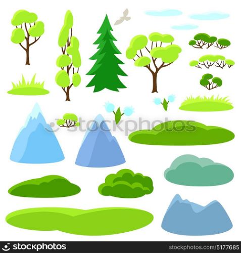 Spring set of trees, mountains and hills. Seasonal collection. Spring set of trees, mountains and hills. Seasonal collection.