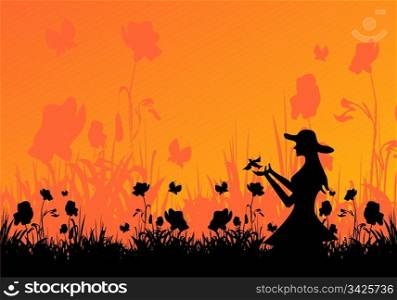 spring silhouettes of a girl and bird, vector illustration