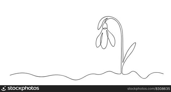 Spring snowdrop flower in continuous line art style. Spring background with snowdrop, environmental protection design concept, Earth day, the arrival of spring. Vector illustration
