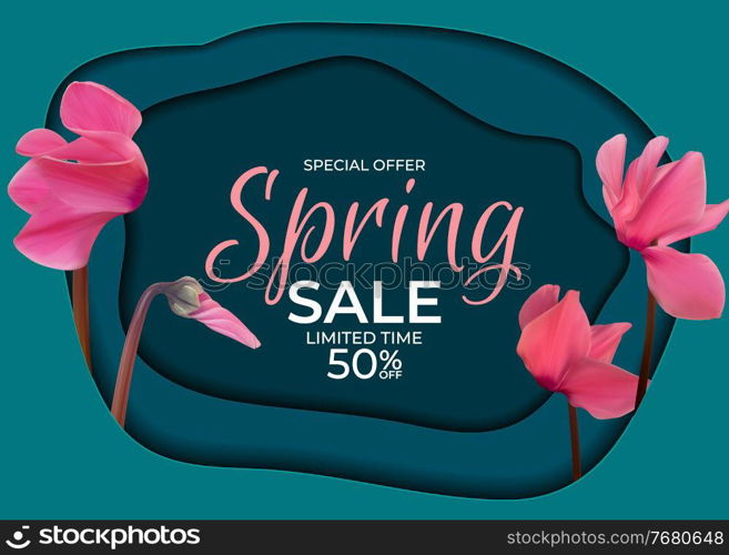 Spring Special Offer Sale Background Poster Natural Cyclamen Flowers and Leaves Template. Vector Illustration EPS10. Spring Special Offer Sale Background Poster Natural Cyclamen Flowers and Leaves Template. Vector Illustration