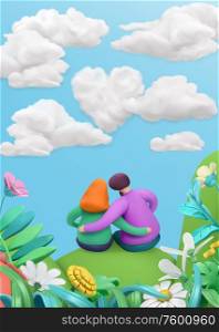 Spring story, heart in clouds. Fall in love, young couple on a flower meadow. 3d vector greeting card