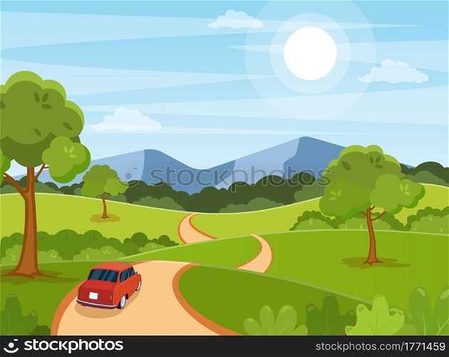 Spring, summer cartoon Landscape with a car on the road background. trees and hills on the plain. Vector illustration in flat style.. Spring Landscape background