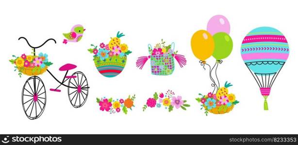 Spring summer holidays elements. Floral bouquets in baskets, retro bicycle with flowers and balloons. Isolated hot air balloon, bird. Romantic birthday vector set of summer spring floral illustration. Spring summer holidays elements. Floral bouquets in baskets, retro bicycle with flowers and balloons. Isolated hot air balloon, bird. Romantic birthday vector set