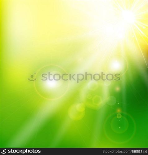 Spring summer sunlight flare abstract green color background. Vector illustration