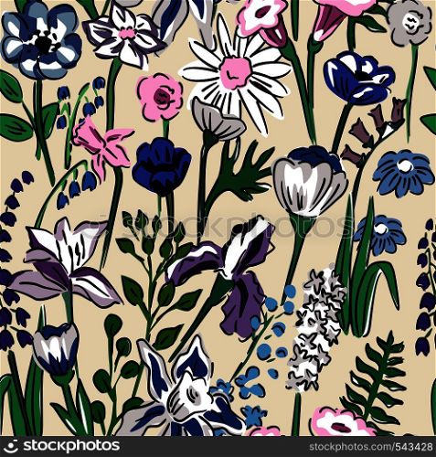 Spring sun illustration seamless vector floral pattern collection of wild meadow flowers and herbs hand drawn camomile, bellflower, poppy, cornflower, lupine. On a gray background