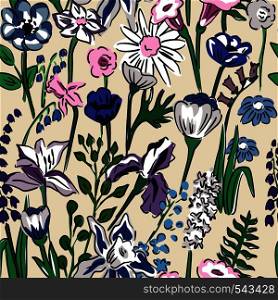 Spring sun illustration seamless vector floral pattern collection of wild meadow flowers and herbs hand drawn camomile, bellflower, poppy, cornflower, lupine. On a gray background