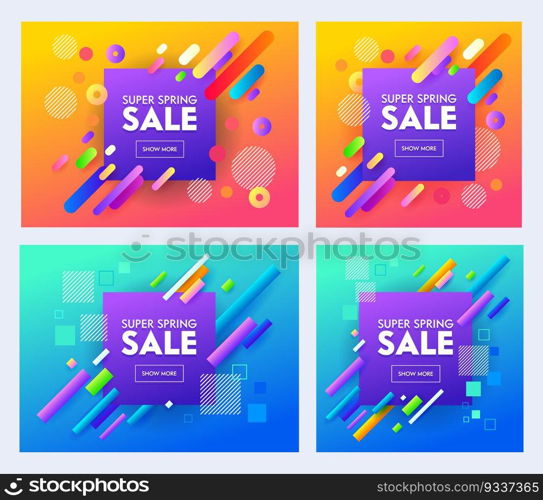 Spring Super Sale Poster Set with Color Design on Blue and Orange Background. Bright and Stylish Promotion Concept for Online Shop Flyer or Banner. Creative Material Flat Cartoon Vector Illustration