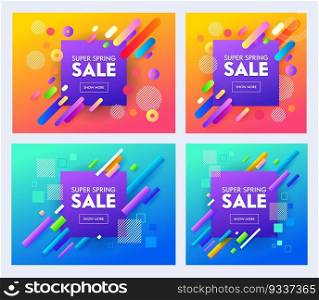 Spring Super Sale Poster Set with Color Design on Blue and Orange Background. Bright and Stylish Promotion Concept for Online Shop Flyer or Banner. Creative Material Flat Cartoon Vector Illustration