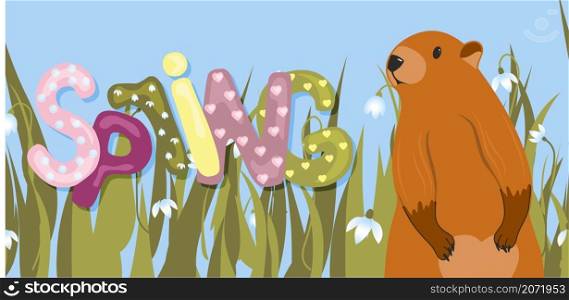 Spring. The inscription on a light background. Trendy trendy background. Groundhog Day horizontal banner. Spring meeting. Cute character marmot rodent.. Spring. The inscription on a light background. Trendy trendy background. Groundhog Day horizontal banner. Spring meeting. Cute character marmot rodent