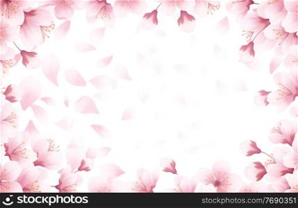 Spring time beautiful background with spring blooming cherry blossoms. Sakura flying petals isolated on white background. Vector illustration EPS10. Spring time beautiful background with spring blooming cherry blossoms. Sakura flying petals isolated on white background. Vector illustration