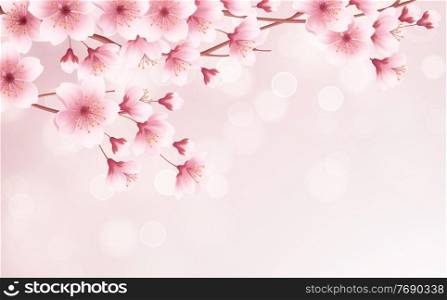 Spring time beautiful background with spring blooming cherry blossoms. Sakura branch with flying petals. Vector illustration EPS10. Spring time beautiful background with spring blooming cherry blossoms. Sakura branch with flying petals. Vector illustration