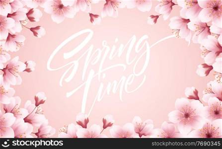 Spring time beautiful background with spring blooming cherry blossoms. Sakura branch with flying petals. Vector illustration EPS10. Spring time beautiful background with spring blooming cherry blossoms. Sakura branch with flying petals. Vector illustration