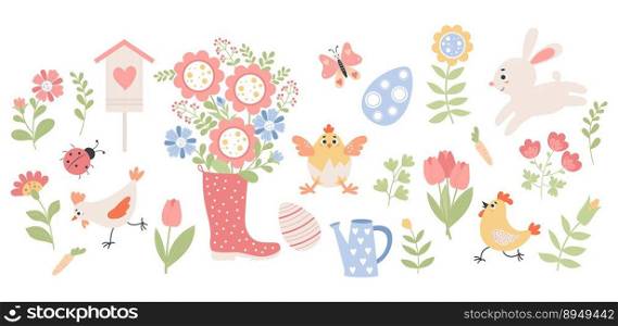 Spring time. Easter collection of paschal animal rabbit, chick and poultry, eggs, flowers, rubber boots with bouquet, watering can and ladybug. Vector illustration. Isolated elements in flat style