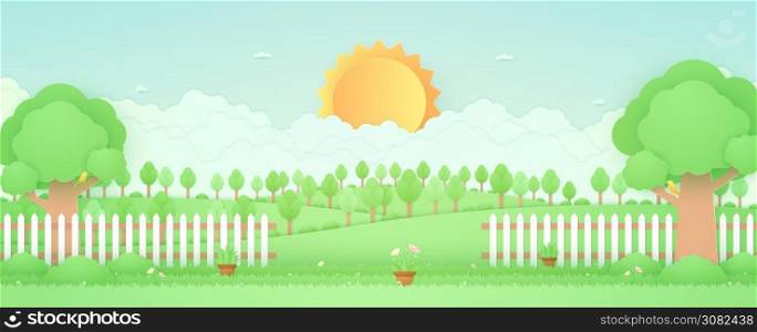 Spring Time, landscape, trees on the hill, garden with plant pots, beautiful flowers on grass and fence, bird on the branch, paper art style