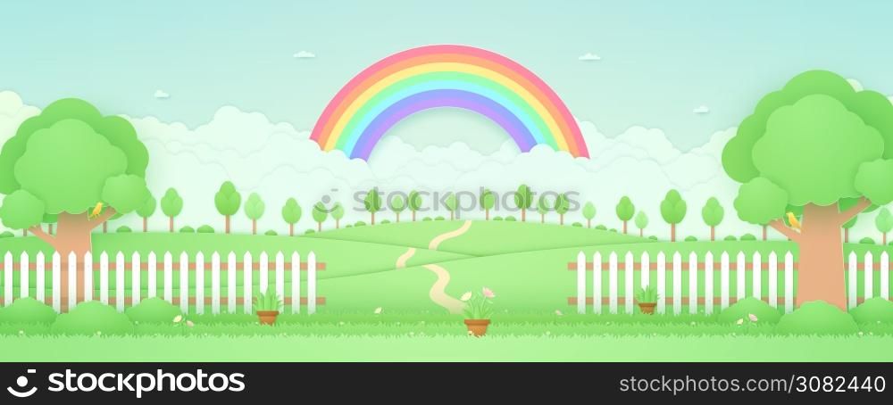 Spring Time, landscape, trees on the hill, rainbow in the sky, garden with plant pots, flowers on grass and fence, bird on the branch, paper art style