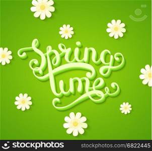 Spring time Typography Title Concept in 3D with Long Shadow Decorated with Flowers on Green Background. Realistic Vector Illustration. Spring time concept with flowers.